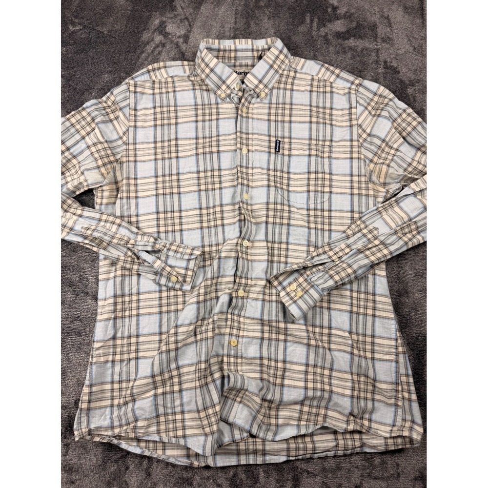 Barbour Mens Highland Check 26 Tailored Fit Cotton Plaid Shirt Blue Tan Large